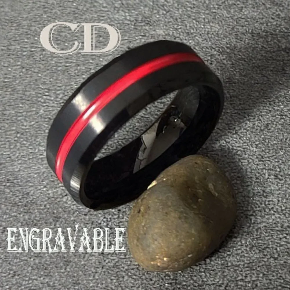Personalized Men's Real Black Tungsten Wedding Ring With Red Line Center Groove